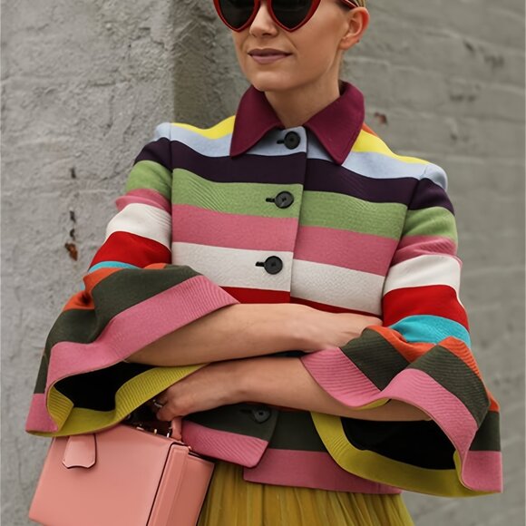 Rainbow Stripe Jacket Lapel Collar Three-quarter Sleeves with Ruffle - Picture 4 of 9